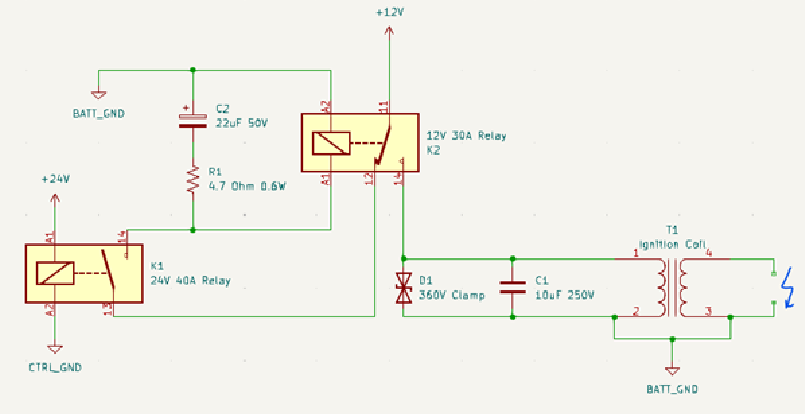 Sparking Circuit Schematic (Sorry about quality, I need to dig for the original KiCAD project)